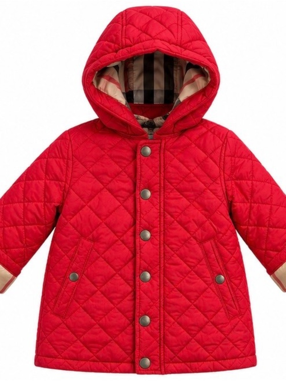 Burberry Girls' Quilted Hooded Raincoat in Bright Red